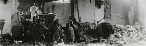 Religious service in a partially destroyed building during World War One