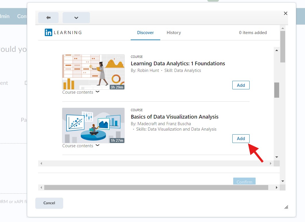 Select and confirm to add the LinkedIn Learning course(s)