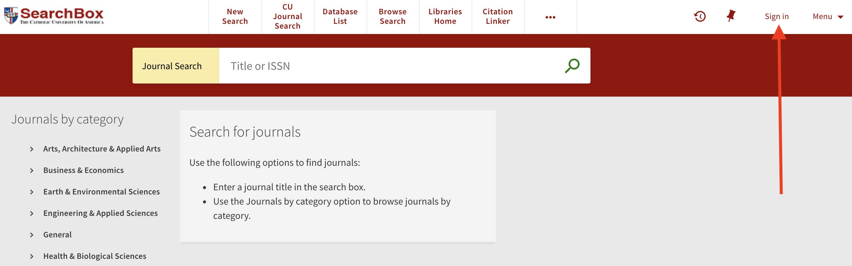 Journal search Sign In button screenshot