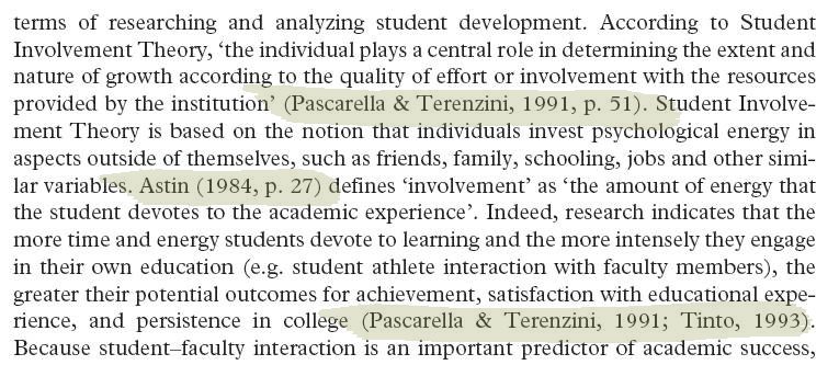 In text citations highlighted in excerpt: (Pascarella & Terenzini, 1991, p. 51) / (1984, p. 27) / (Pascarella & Terenzini, 1991; Tinto, 1993)